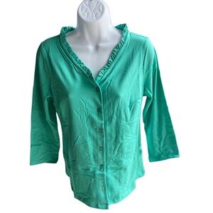 Isaac Mizrahi Live! Sz 4X Button Front Knit Top w/Ruffle Neck CAPRI AQUA